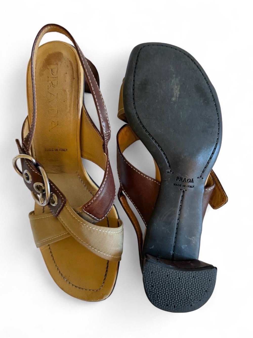 Prada women's Two-Tone Tan Slingback Heeled Sandals - Picture 4 of 4
